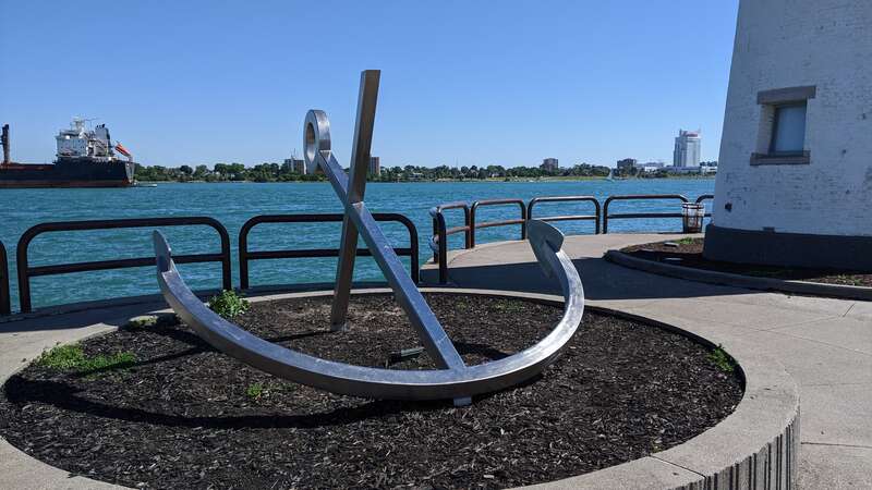 Decorative anchor next to the Milliken State Park Lighthouse
