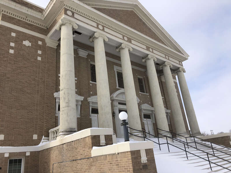 Photo of the First Baptist Church in Muskogee OK during a respite in the w:en:February 13–17, 2021 North American winter storm. Photo taken from the South.