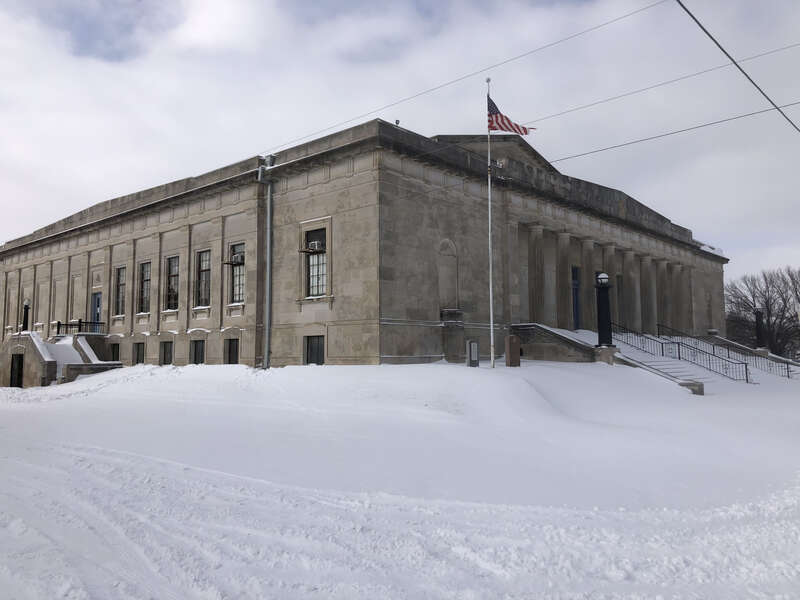 Photo of the Masonic Temple in Muskogee OK during a respite in the w:en:February 13–17, 2021 North American winter storm. Photo taken from the South.