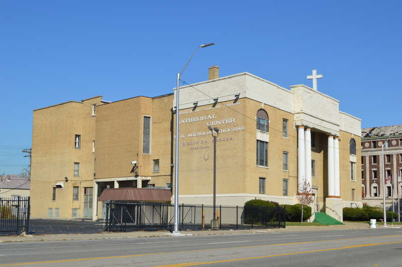 Front and western side of the cathedral for the Northeastern Michigan Jurisdiction (i.e. diocese) of the Church of God in Christ, located at 10325 E. Jefferson Avenue in Detroit, Michigan, United States.