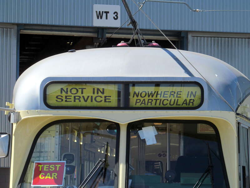 Muni's famed "Nowhere In Particular" rollsign on newly-restored #1059 during testing at Muni Metro East in July 2017
