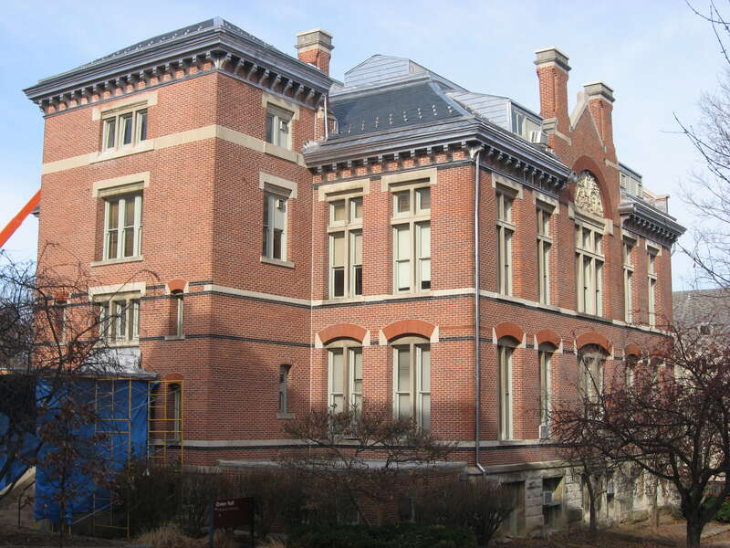Rear of Owen Hall on the campus of Indiana University in Bloomington, Indiana, United States.  Built in 1884, it is part of The Old Crescent, a group of the oldest buildings on the university's campus that is listed on the National Register of