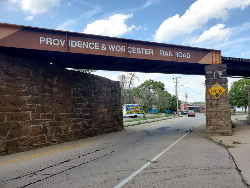 Providence and Worcester Railroad bridge over Clinton Street in Woonsocket, seen in June 2021
