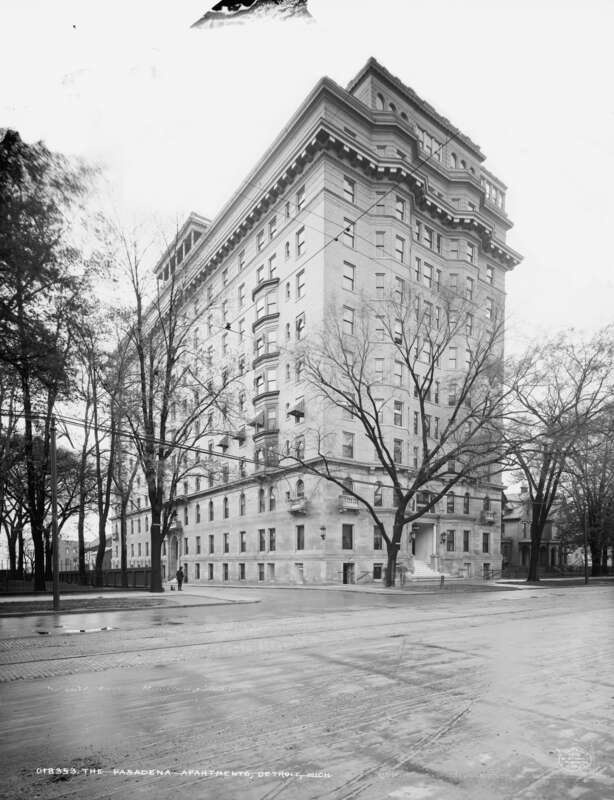 Pasedena Apartments  — at 2170 East Jefferson Avenue, Detroit, Michigan (c. 1905).
Built in 1902, in the Renaissance Revival style.
An early example of upper-class, multi-unit housing, and is one of the earliest of these structures to be built with