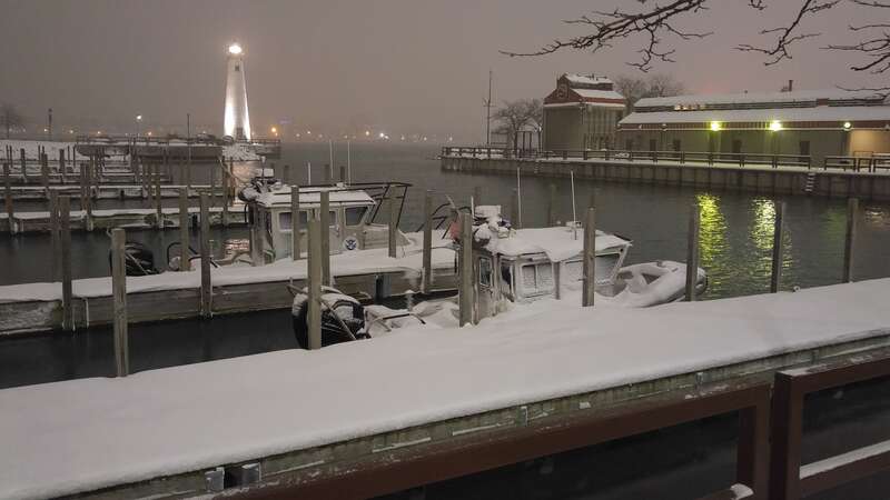 Two U.S.B.P. SAFE Boats in their boat-wells on the Detroit River during a winter snow storm in 2016