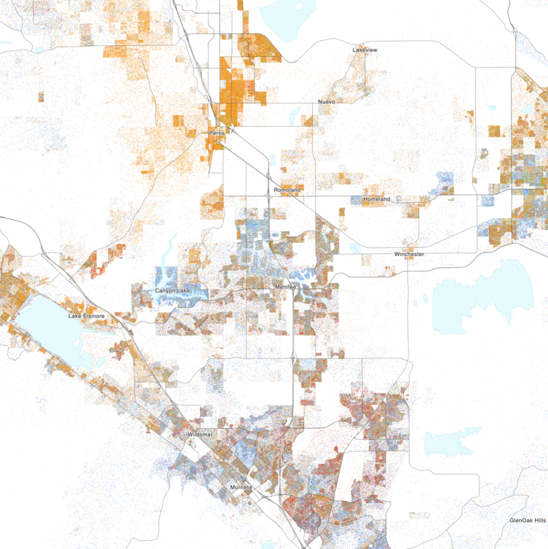 Map of the distribution of races and ethnicities in US cities, inspired by similar maps created by Dustin Cable and others.
Blue is White, Green is Black, Red is Asian, Orange is Hispanic, Purple is Multiracial, and Brown is Native American/Other.