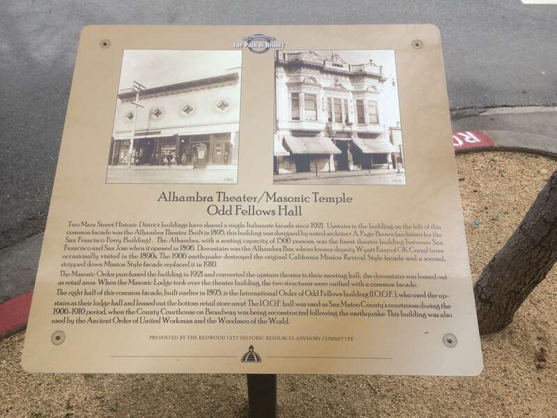 Redwood City, California Path of History sign for the Alhambra Theater/Masonic Temple and Odd Fellows Hall
