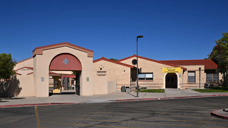One of the buildings for St. Pius X High School a private, Roman Catholic high school established in 1956. It is part of the Roman Catholic Archdiocese of Santa Fe. 5301 Saint Joseph's Drive NW, Albuquerque, New Mexico 87120.