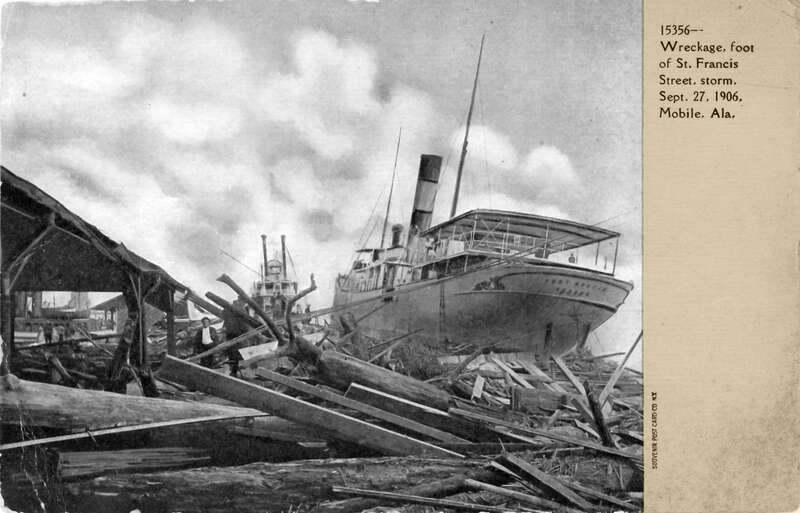 Damage to shipping on the Mobile Al waterfront from the 27 Sept 1906 storm ( aka as the 1906 Mississippi hurricane ) that came ashore near Pascagoula Ms as a Cat 2 storm. The storm also caused the quarantine station at Fort Morgan to be washed away