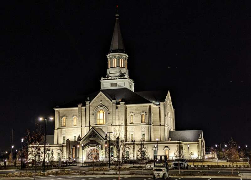 Night view of Taylorsville Temple, Utah, USA, of The Church of Jesus Christ of Latter-day Saints (LDS).  Taken on 11 November 2023 near completion, but prior to the open house.