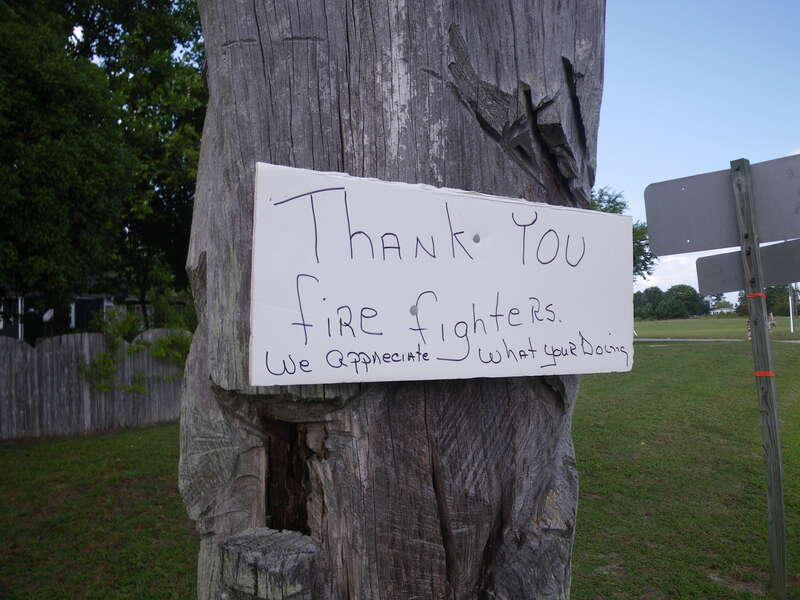 Suffolk, VA, August 2011.  A sign thanking firefighters of the Lateral West Fire is posted near the Virginia/North Carolina border.  At the peak of the fire, over 450 firefigthers worked to put out the 6,300-acre fire burning in Great Dismal Swamp.