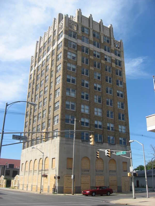 Northern and eastern sides of the Tower Hotel, located at 1109 Jackson Street in Anderson, Indiana, United States.  Built in 1930, it is listed on the National Register of Historic Places, and it is part of a Register-listed historic district, the