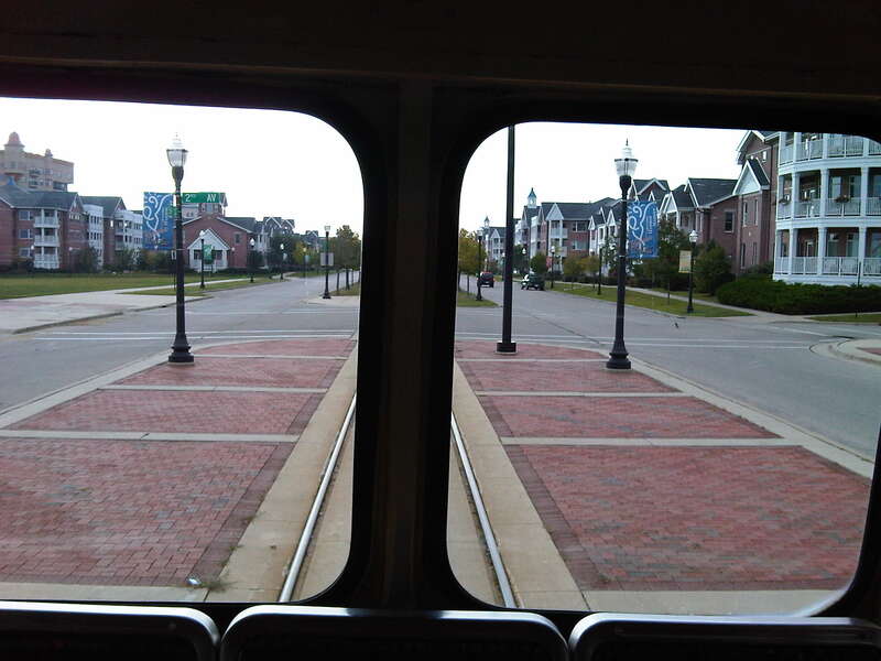 The Kenosha trolley's tracks are set within pavement towards the western end.