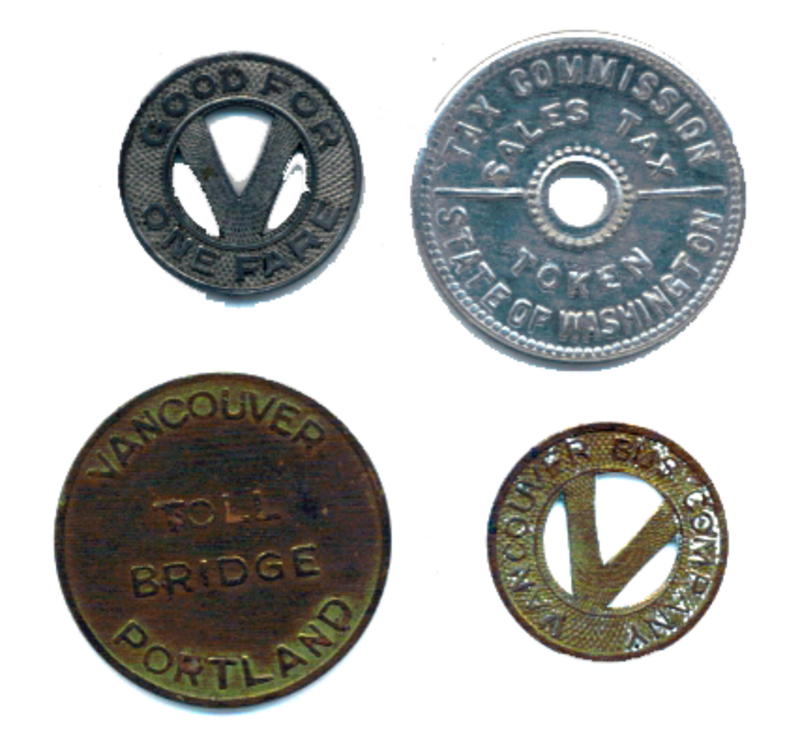 Three bus, toll-bridge and sales-tax tokens used in or around Vancouver, Washington, in the mid-20th century. The hollowed &quot;V&quot; coin reads &quot;VANCOUVER BUS COMPANY&quot; on one side and &quot;GOOD FOR ONE FARE&quot; on the opposite. The &quot;VANCOUVER PORTLAND TOLL