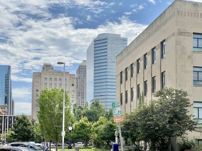 Oklahoma County Courthouse (Layton and Forsyth, 1937), Oklahoma Tower (I. M. Pei and Partners and Morris-Aubry, 1982), and Oklahoma City Hall (Allied Architects, 1936-1937) visible in the background.