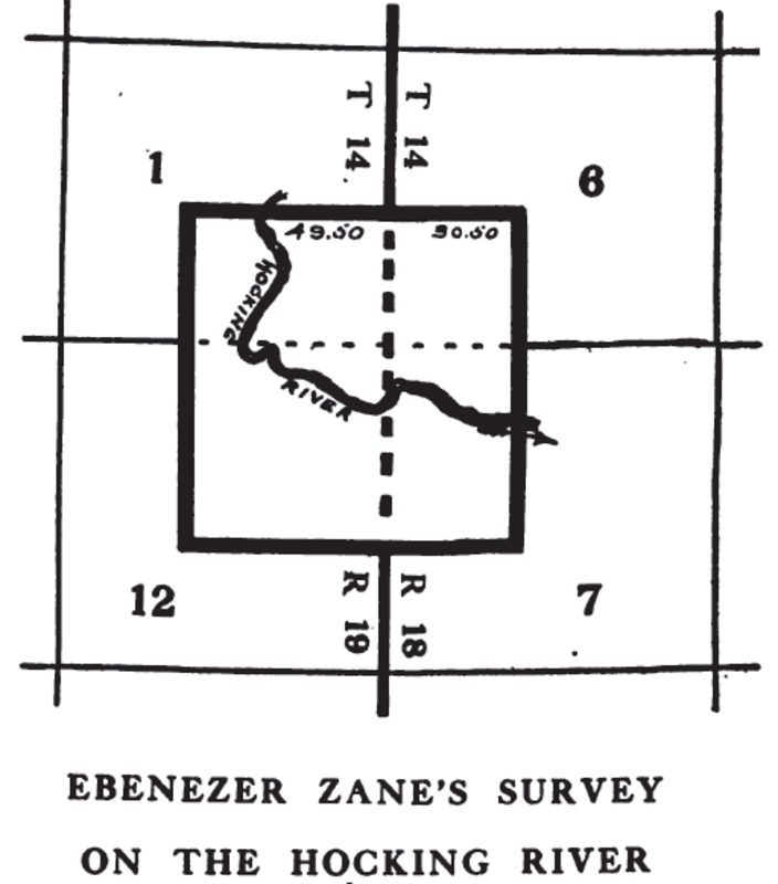 This map shows a tract of land granted by congress to Ebenezer Zane late in the 18th century, for services rendered, as a portion of the Zane's Tracts.