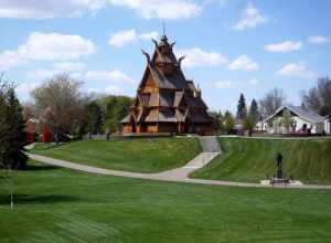 Stave church, located in the Scandinavian Heritage Park in Minot, North Dakota, USA.