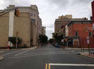 View west along East State Street near Stockton Street in Trenton, New Jersey
