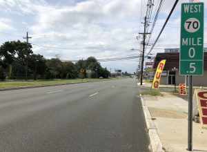 View west along New Jersey State Route 70 (Marlton Pike) at Mansion Boulevard in Pennsauken Township, Camden County, New Jersey