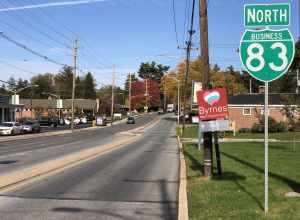 View north along Interstate 83 Business (South George Street) at Rathton Road and Country Club Drive in York, York County, Pennsylvania