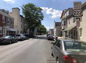 View south along U.S. Route 222 Business (Chestnut Street) at Wood Street in Reading, Berks County, Pennsylvania