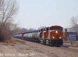 Burlington Northern Santa Fe 5903(ES44AC) and 600(AC44C4M) Lead a Northbound Manifest on the BNSF Fort Scott Sub just before passing the 151st Terrace Crossing West of Keeler Street in Olathe, Kansas.
Video Link: 
Photo Taken: 3-19-17 at 12:41