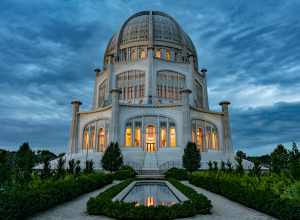 The Baha'i Temple (Wilmette, Illinois) seen at dusk on August 28th 2018