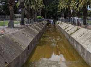 Colma Creek at Orange Memorial Park, looking northwest into the park