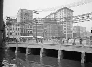 Westward-looking view of Crawford Street Bridge over the Providence River in Providence, Rhode Island, USA
Outside of what is now Memorial Park