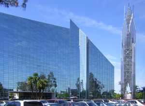 Crystal Cathedral in Garden Grove (near Anaheim/Los Angeles) with its spire. View from NE.