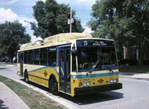 Dayton, Ohio trolleybus 9601 is a model-14TrE built by Electric Transit, Inc. (ETI) and was the very first Škoda-based trolleybus built for any American city.  It was delivered in late December 1995.  It is pictured at the south end of route 5-Far