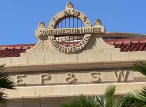 El Paso &amp; Southwestern Railroad Depot, located south of Congress Street between Granada Avenue and Interstate 10 in Tucson, Arizona.  Emblem atop center of building, facing east.