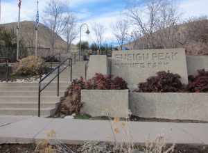 The entrance to and sign for Ensign Peak Nature Park with stairs leading up to it on the left. Managed by the Salt Lake City Public Lands Department.  Ensign Vista Drive, Salt Lake City, Utah.