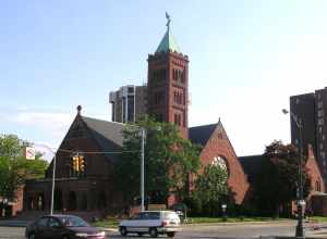 First Congregational Church — on Woodward Avenue in Midtown Detroit, Michigan.
A Romanesque revival style red limestone building built in 1891.
The First Congregational Church is a Michigan State Historic Site, a contributing property to the multiple