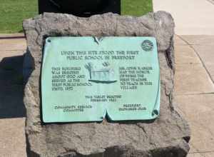 First School in Freeport, NY Plaque. Located at corner of North Main Street and Church Street, in front of the Cannon.