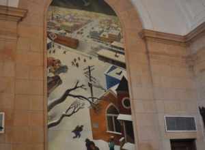 "Suburban Post in Winter", mural by William Gropper in the post office, Freeport, Long Island, New York.