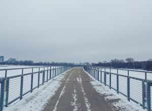 Kruidenier Trail along a pedestrian bridge over Grays Lake in Des Moines, Iowa.