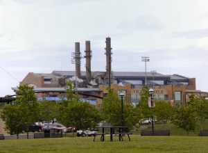 Indianapolis Canal Walk — you can see the victory field - Indians Baseball team. the famous ugly Power Plant and chiller, and behind it the newly constructed Lucas Oil Stadium with retractable dome. future house of the colts.

PS for saturating sky.