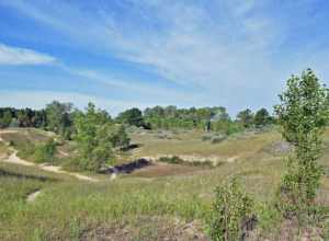 Cordwalk trail allows access to Sand Dunes and views of Lake Michigan at Kohler-Andrae State Park Wisconsin