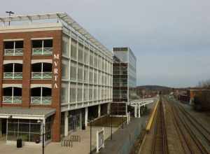 McGovern Transportation Center, and the Haverhill/Reading MBTA line.  The McGovern building is the Lawrence MBTA station.  West and south sides of building shown.