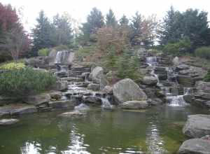 The waterfall in the Sculpture Park at the Frederik Meijer Gardens &amp; Sculpture Park in Grand Rapids Township, Michigan (United States).