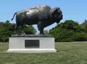 Bison sculpture near main entrance of Pioneers Park, located southwest of Lincoln, Nebraska.