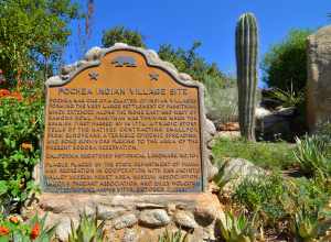 Historical marker at "SITE OF INDIAN VILLAGE OF POCHEA."
At the Ramona Bowl, 27400 Ramona Bowl Road (S. Girard Street), Hemet, California.
Pochea was one of a cluster of Luiseno Indian villages forming the very large settlement of Pahsitnah, which