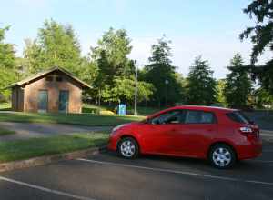 In case you can't figure out what the 3 necessities are . . . a good car, a nearby restroom, and a great park for an early morning walk. The park is Rood Bridge Park in Hillsboro, Oregon. The car is my red Toyota Matrix.