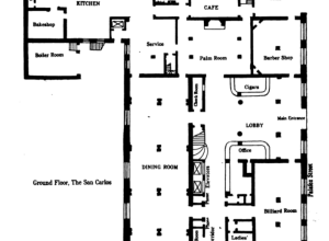 Ground floor plan of San Carlos Hotel, 1 North Palafox Street, Pensacola, Florida. Opened 1910; demolished 1993.