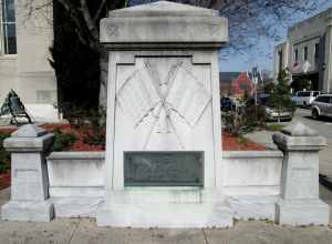 This soldiers' monument stands at the corner of Nash and Goldsboro Streets in Wilson, North Carolina, to the right of the Wilson County Court House.  The plaque in front reads: "TO THE / VALOR / OF WILSON COUNTY / SOLDIERS".  On the back of the