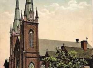 Postcard image of St. John's Cathedral in Altoona, Pennsylvania.  It was torn down in 1923 to make room for the Cathedral of the  Blessed Sacrament.