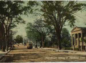 Divided back postcard of a streetcar on Wall Street, Norwalk, Connecticut, postmarked 1911