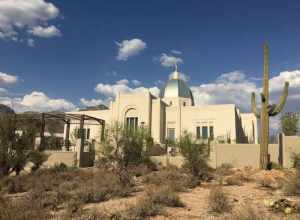 Western facade of the Tucson Arizona Temple of The Church of Jesus Christ of Latter-day Saints, located just north of Tucson, Arizona in the Catalina Foothills area. This photo was taken the day after the public open house ended just prior to the