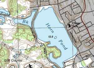 Detail view of USGS Topographical Map for Woburn, Massachusetts, USA showing Horn Pond.